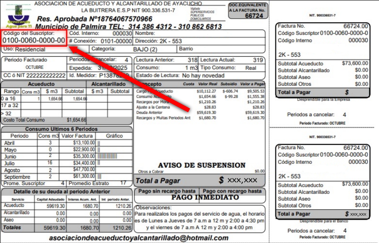 Ejemplo de factura mostrando el código
